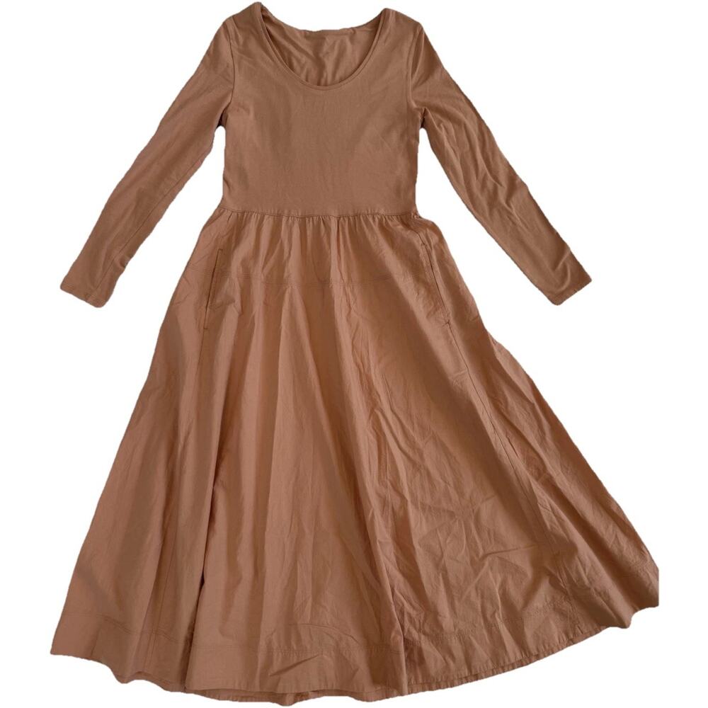 Everlane Peachy Brown Supima Cotton A-Line Dress Long Sleeve Scoop Neck S
